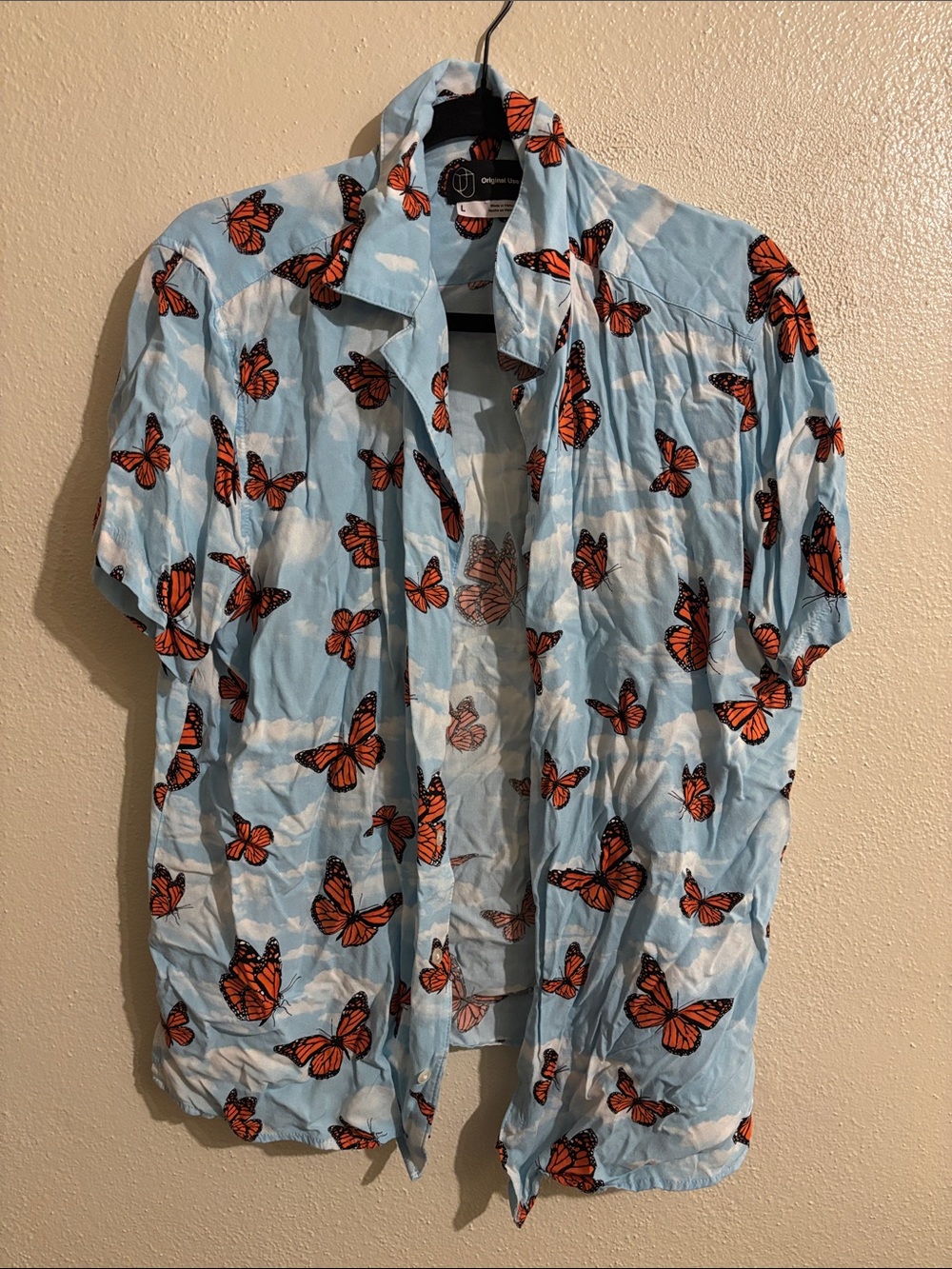 Original Use Light Blue Short Sleeve Button-Up with Orange Butterfly Print